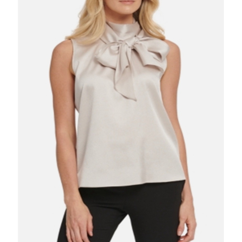 DKNY Women's Petite‎ Bow-Neck Shiny Top Champagne Size PS